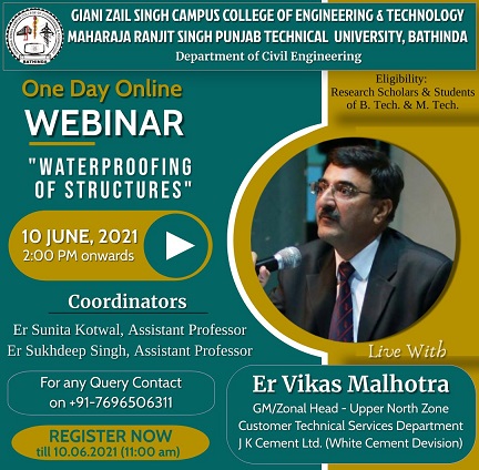 Online Webinar on "Waterproofing of Structures" for Students of Civil Engineering Department on 10th June 2021
