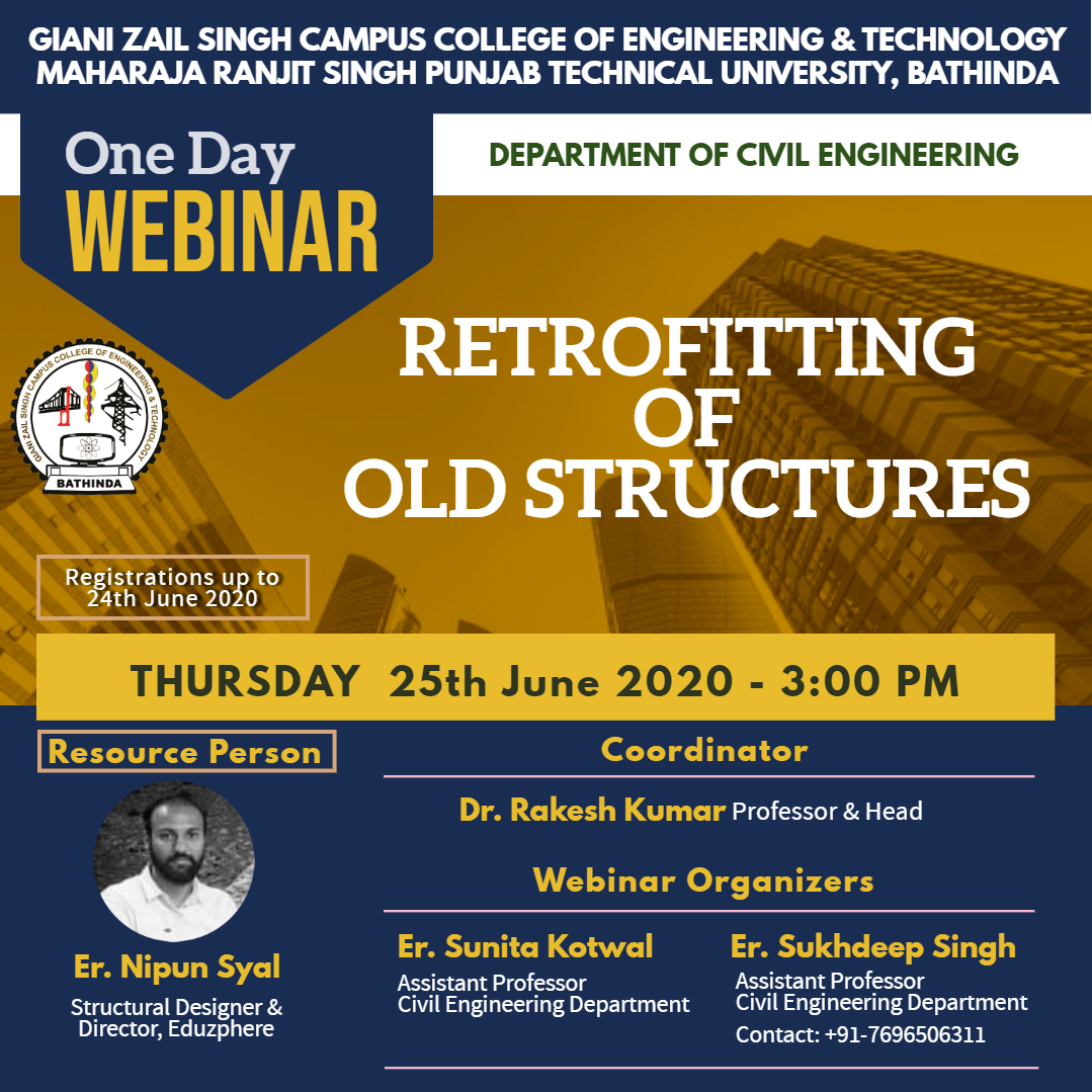 Webinar on "Retrofitting of old Structures" conducted by Department of Civil Engineering and Eduzphere on 25th June, 2020