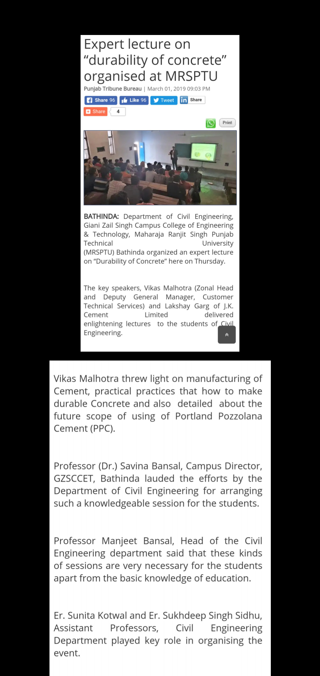 Expert Lecture by JK Cement Ltd. on "Durability of Concrete" for Civil Engineering Students