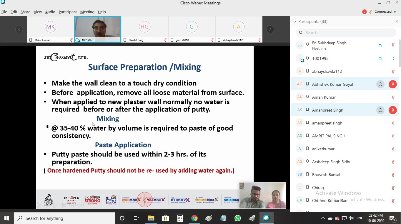 Webinar on "value Added Cement based Products" by JK Cement Ltd. conducted on 10th June, 2020